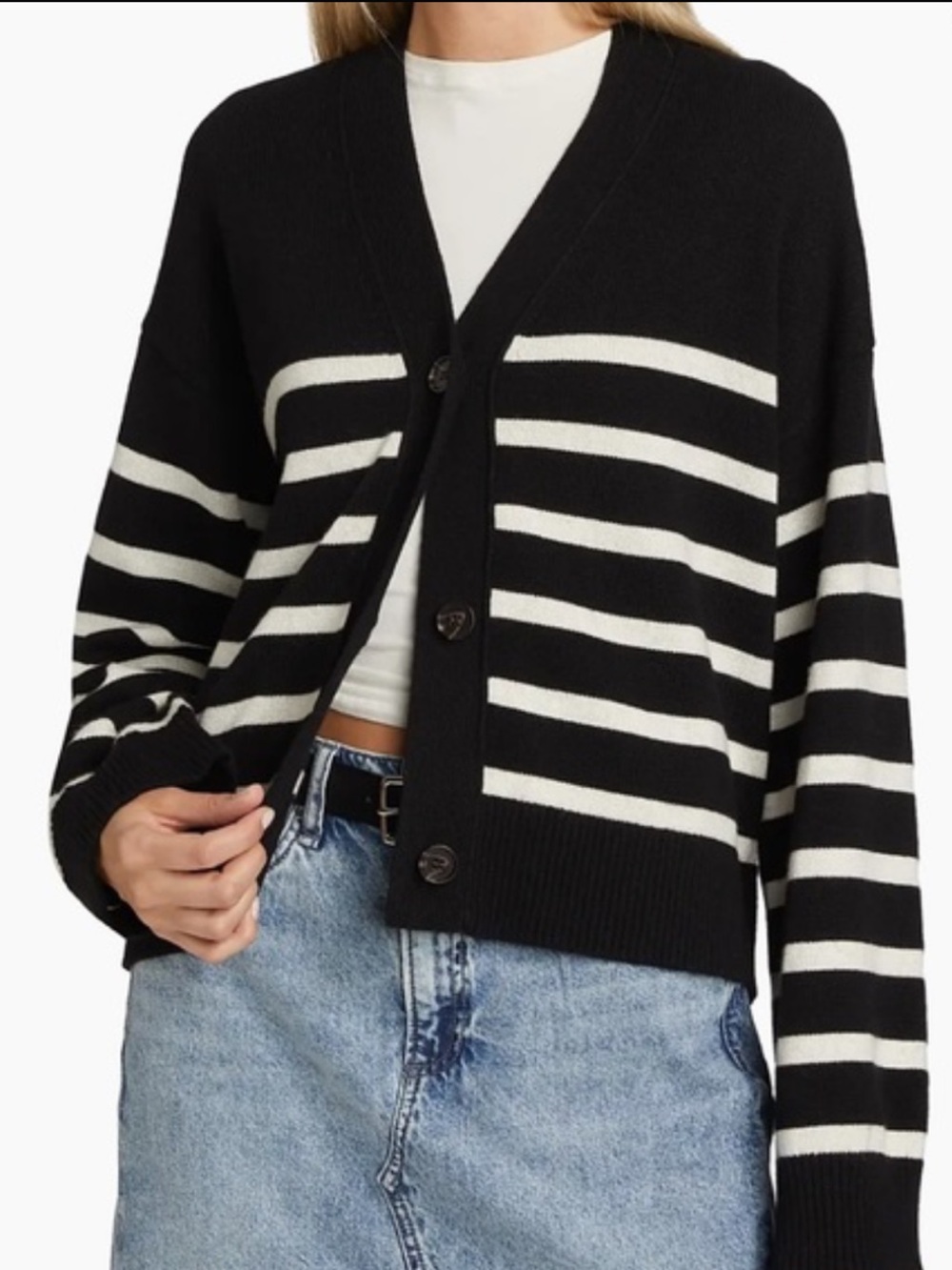Rails Geneva Stripe Cardigan in Black/Oatmeal Stripe. M